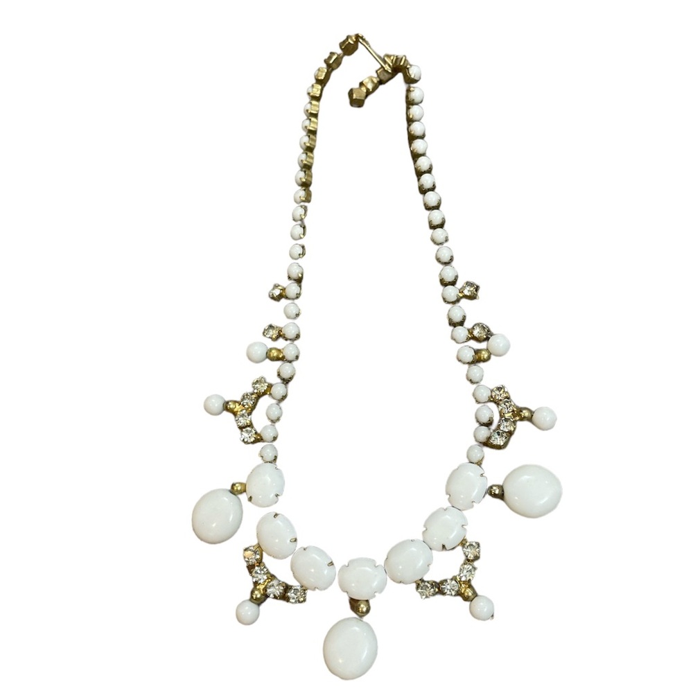 Vintage Kramer of New York Milk Glass Rhinestone Choker Necklace